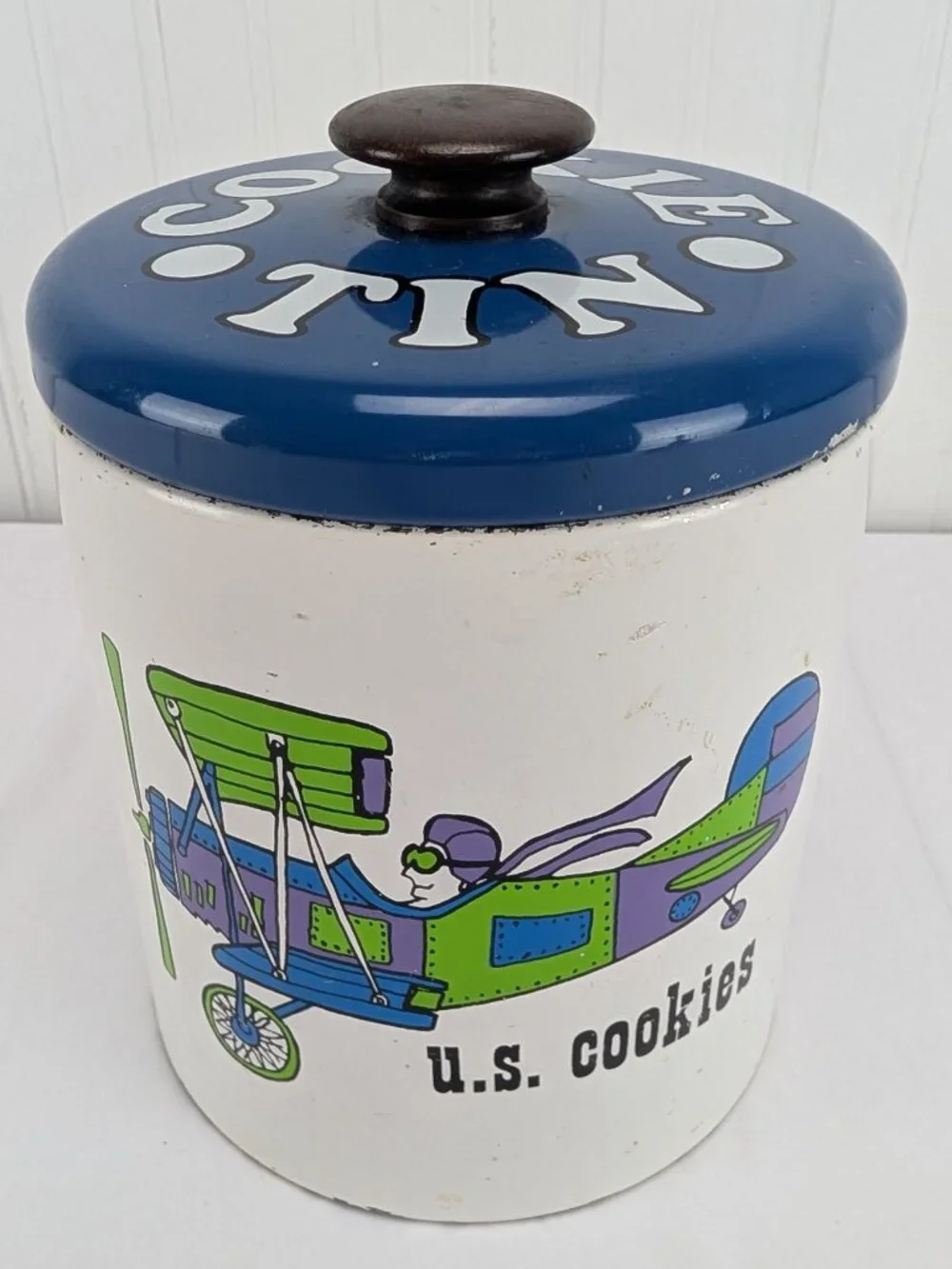 Vintage Ransburg Cookie Jar Tin U.S. Cookies Metal Lid Biplane Retro Airplane